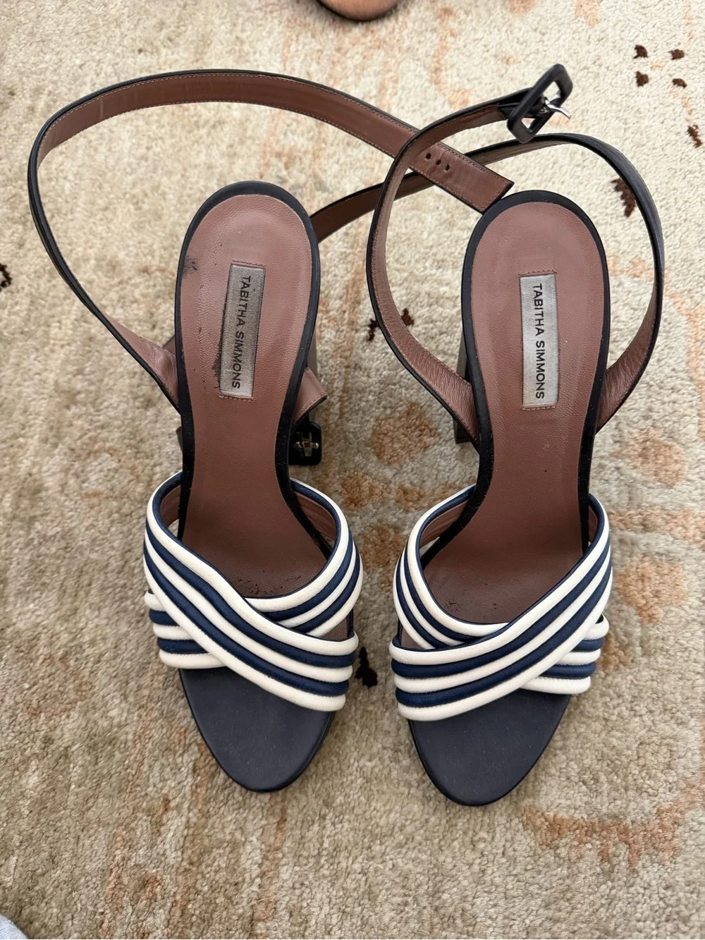 Tabitha Simmons Navy and Cream Striped Crisscross Slingback Heels
